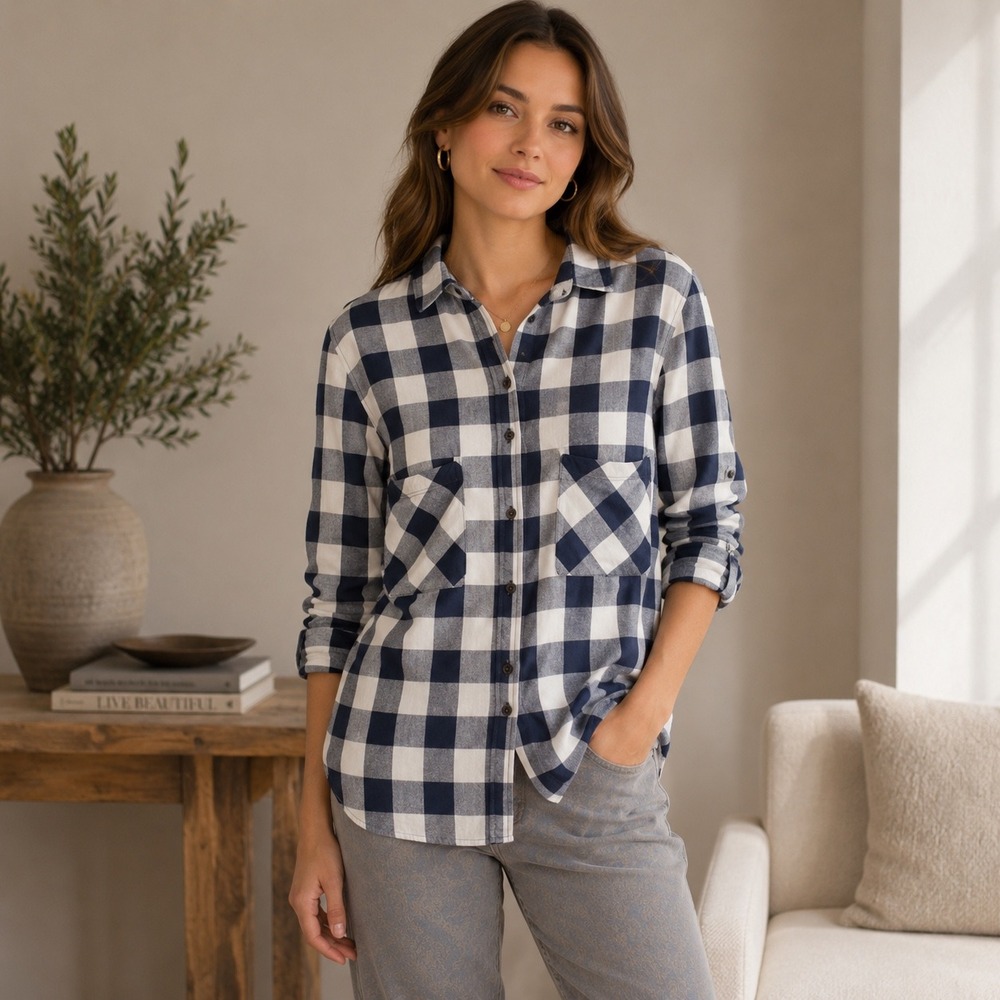 Mango Basics Navy Blue White Gingham Plaid Long Sleeve Button Up Shirt Size 6